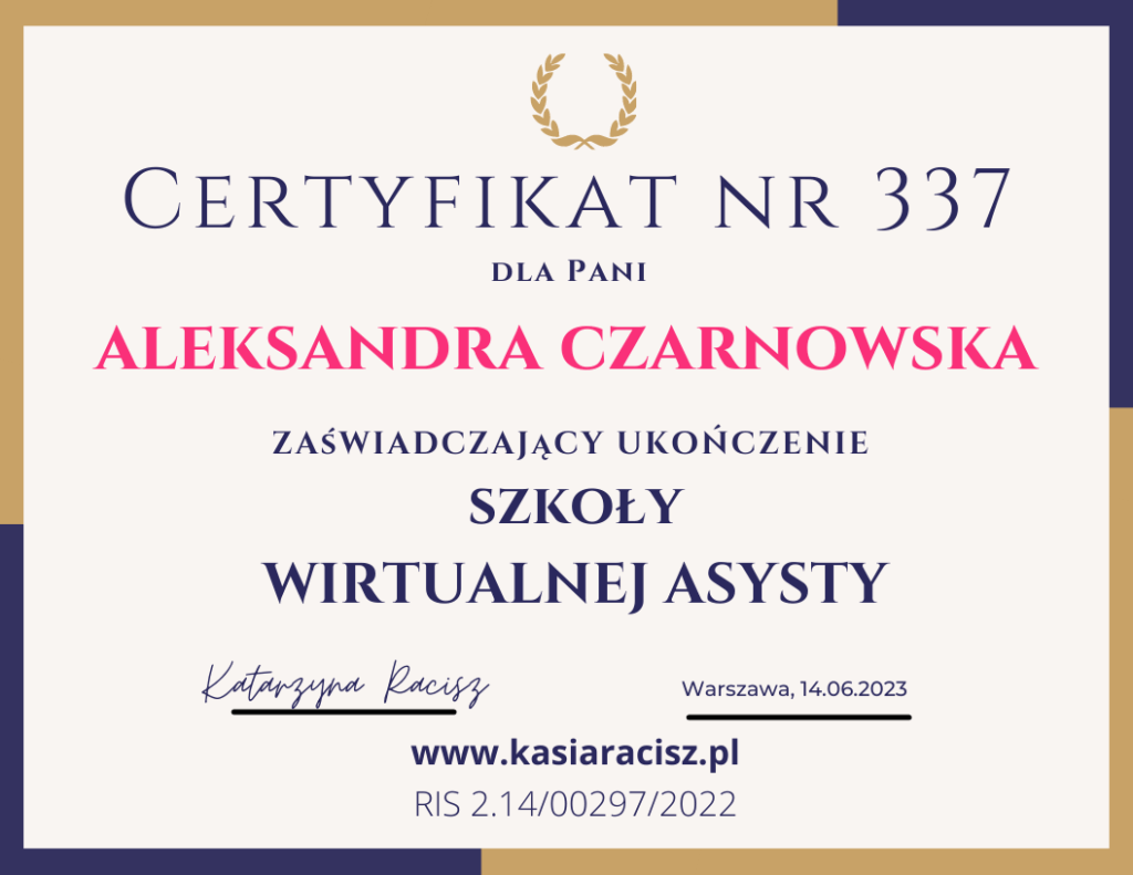 Certyfikat ukończenia "Szkoły Wirtualnej Asysty"