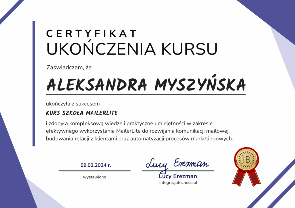 Certyfikat ukończenia kursu "Szkoła MailerLite"