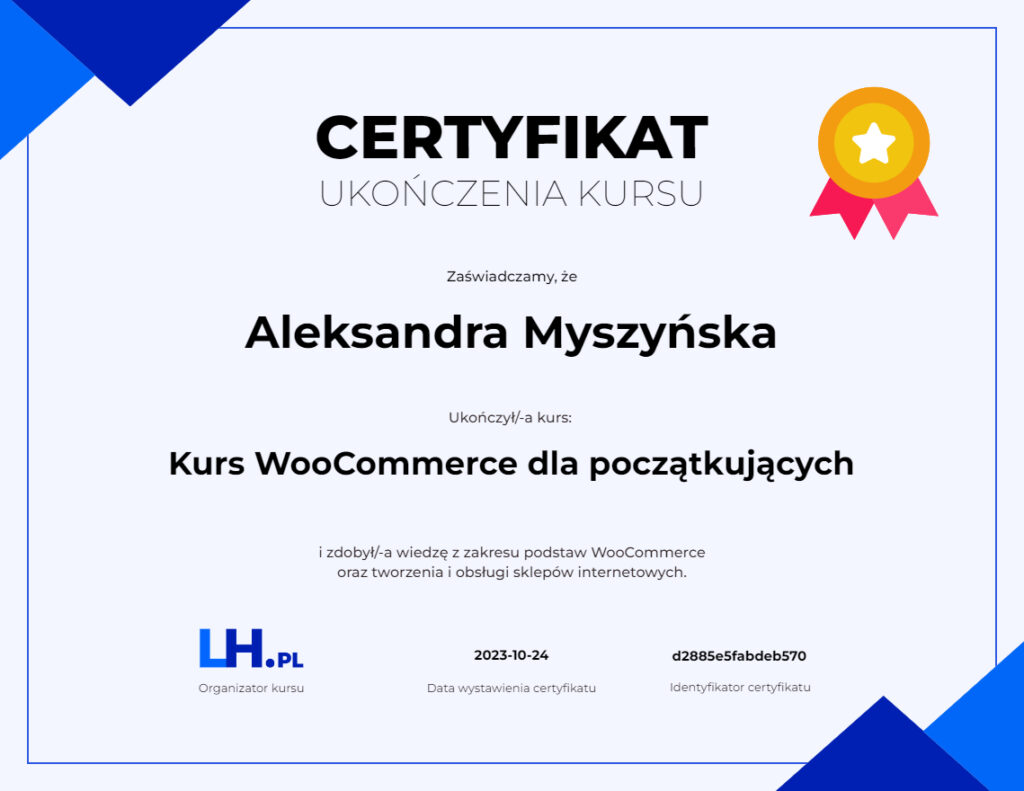 Certyfikat ukończenia kursu "WooCommerce dla początkujących"