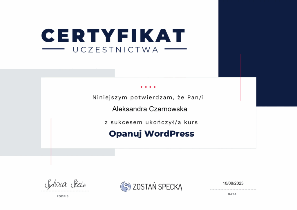 Certyfikat ukończenia kursu "Opanuj WordPress"