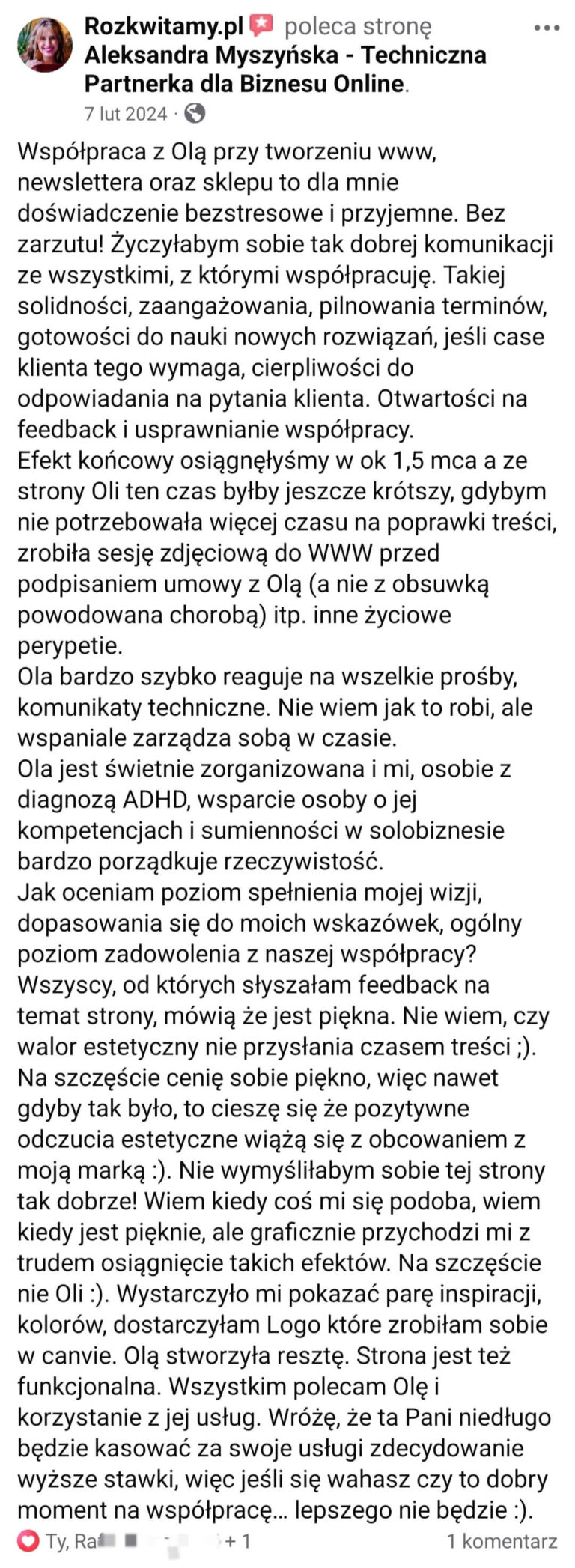 Aleksandra Myszyńska opinia o współpracy