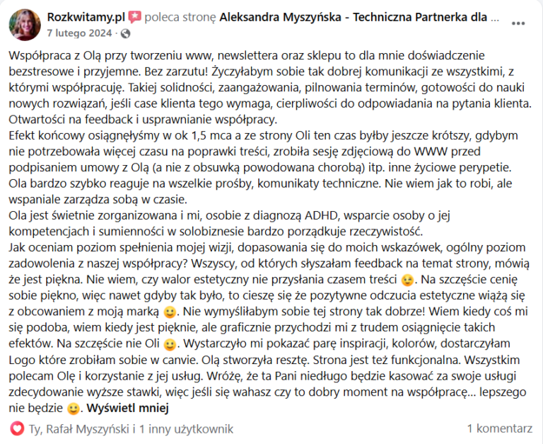 Aleksandra Myszyńska opinia o współpracy